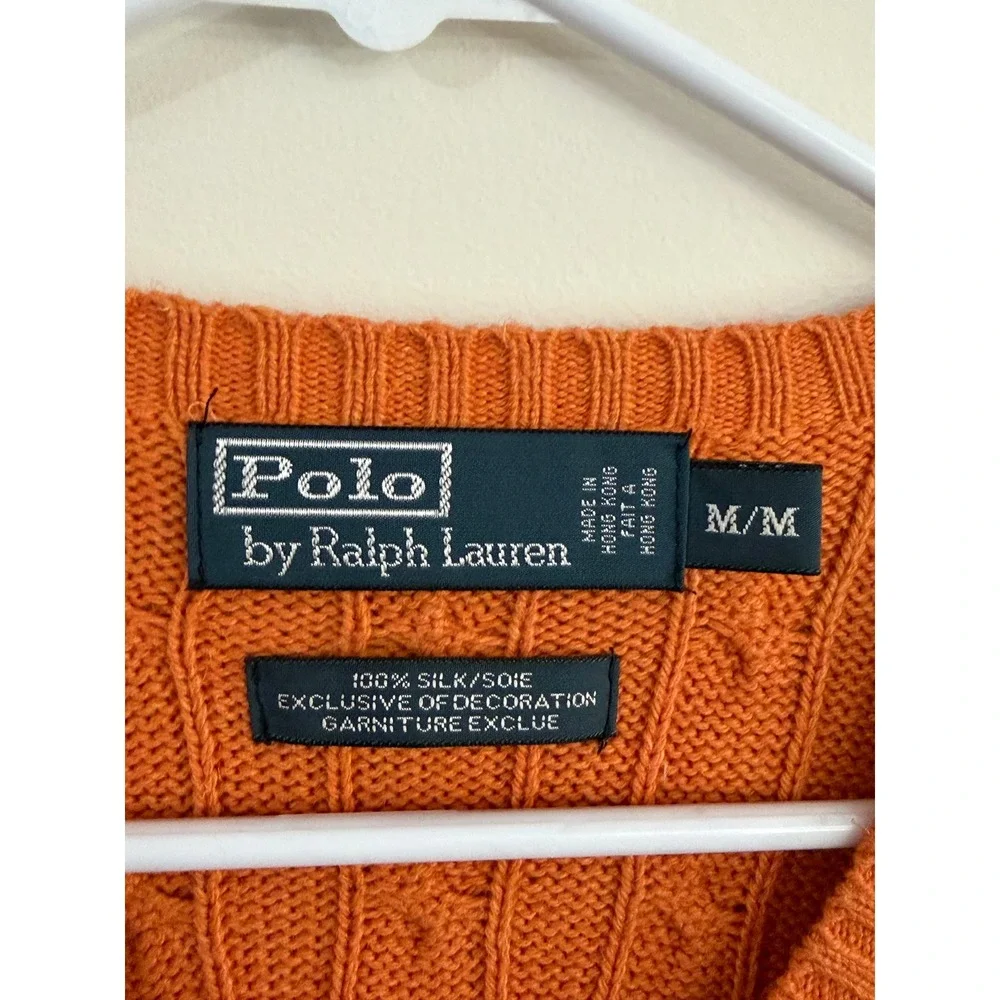 VTG Polo Ralph Lauren Orange 100% Silk Cable Knit V-Neck Sweater Mens Medium